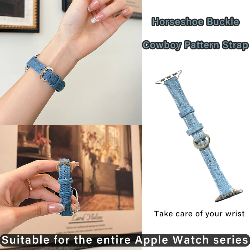 

Denim Leather Strap for Apple Watch Band Ultra2 38/42mm 6SE 5 4 3 2 Horseshoe buckle for Iwatch 40/44mm 7 8 41/45mm 49mm