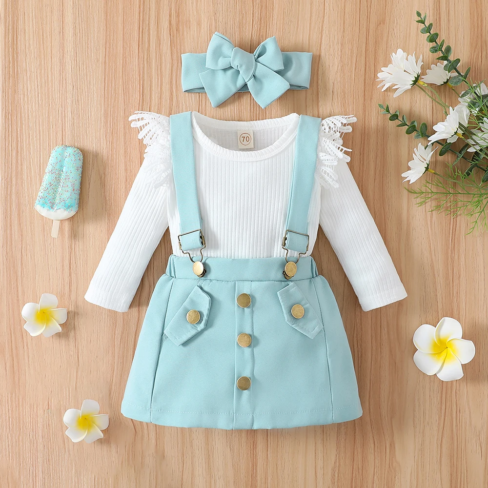 LAPA 0-12M Baby Girls Lovely Skirt Suit Infant Long Sleeve Romper +Suspender Skirt + Headband 3pcs Set Spring New Toddler Outfit