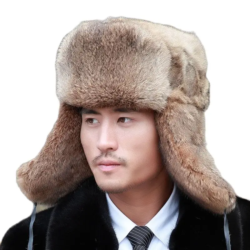 Men's Real Rabbit Fur Bomber Hat Winter Ski Cap