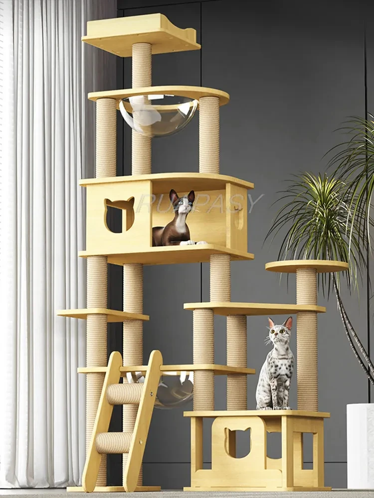 Multi-Level Wood Cat Tree Nest Pillar Cat Climbing Scratching Frame Shelf Space Capsule Scratcher Post Jumping Platform Tower