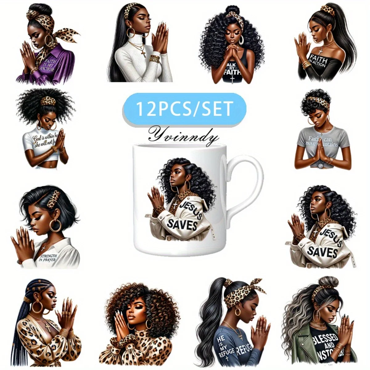 

12PCS/SET Leopard Print Prayer For Black Ladies DIY Light Beigeny Tumblers Wrap Decorative Transfer Paper