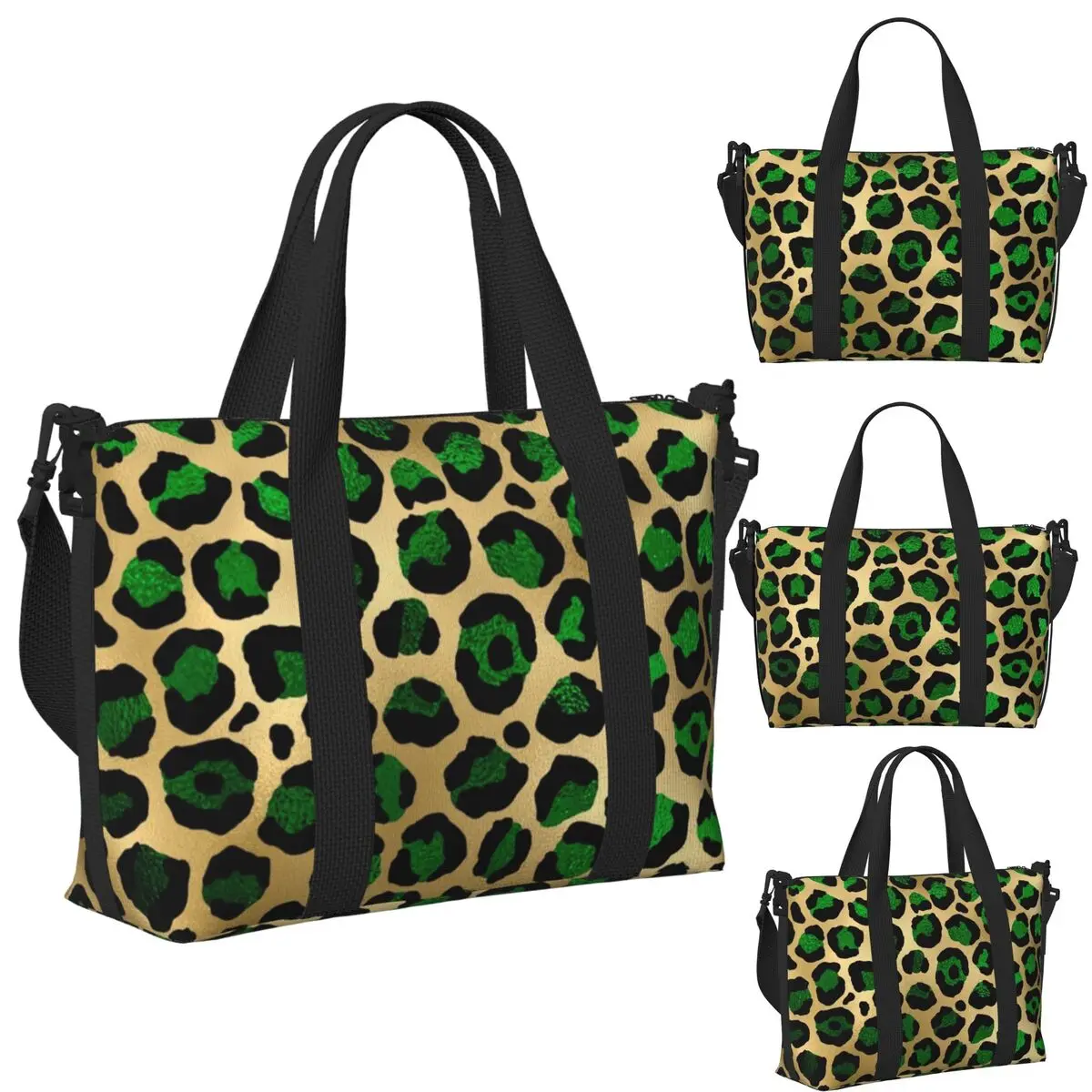 

Emerald Green Leopard Print Beach Travel Bag Large Capacity Tote Bags for Gym Yoga Women Shopping Duffle Shoulder Bag