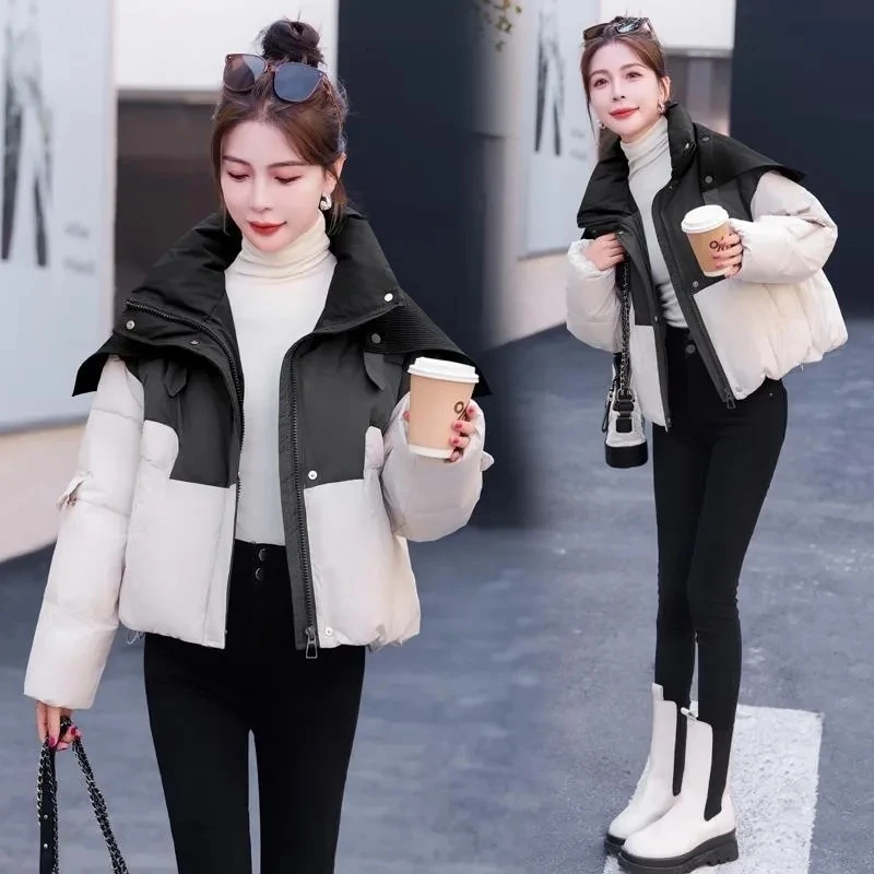 

Down Jacket Womens Combination Color Contrast Thicken Knitted 2023 new Winter Jacket Short White Duck Down Coat Female Tops
