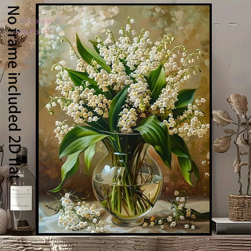 2D Flat, 1pc Vertical Frameless Lily of the Valley Canvas - Transparent Glass Vase with White Flowers & Emerald Leaves, Soft