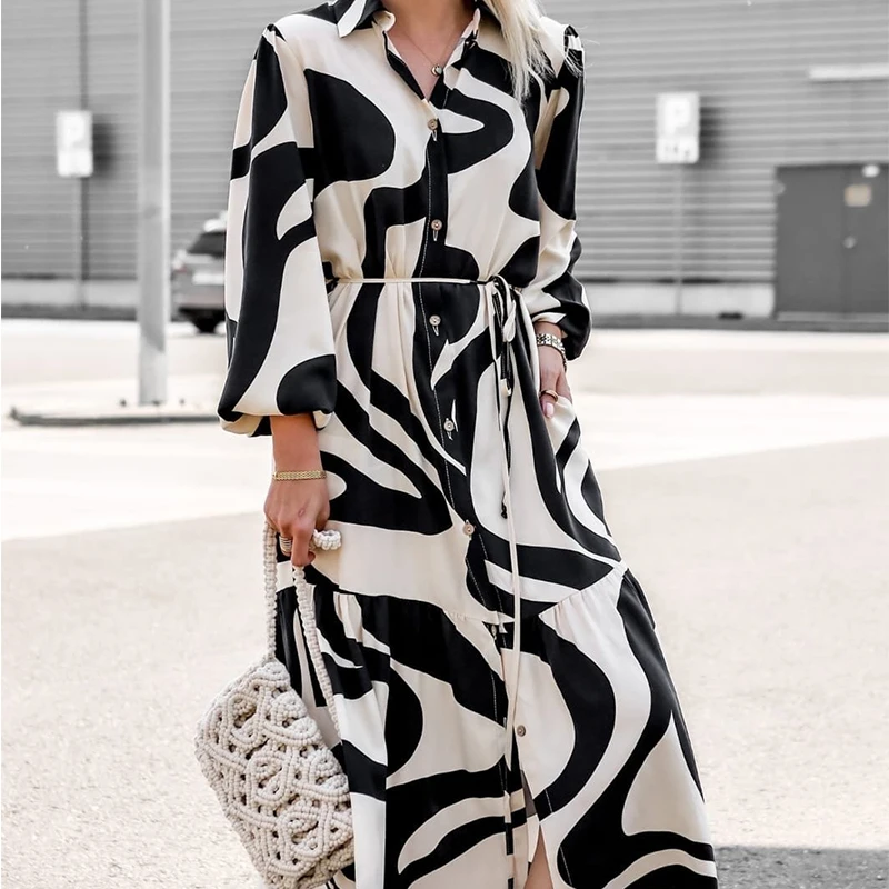 Wiosna Jesień Długa sukienka damska z kołnierzykiem Elegancki nadruk Jednorzędowa sukienka Sundress Casual Sukienki z długim rękawem Spódnica