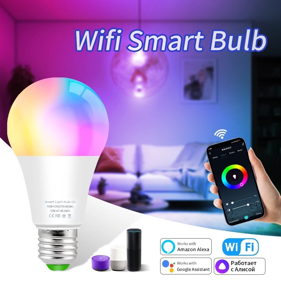 E27 WiFi Smart LED Light Bulbs 85-265V 12W 15W 18W Dimmable RGBCW LED Lamp Voice Control Works With Alexa Google Assistant