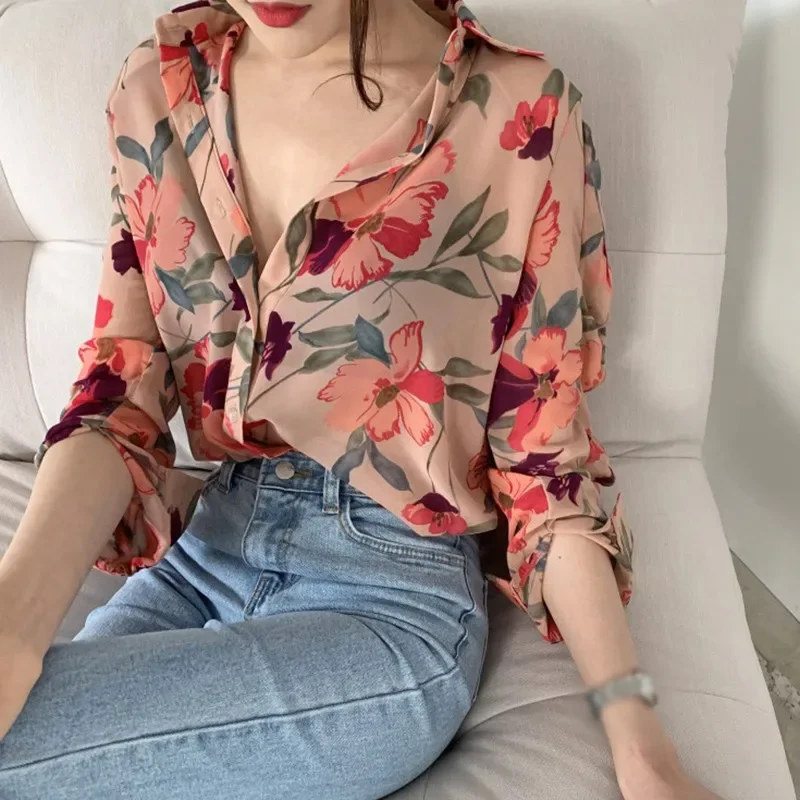 

Women's Floral Print V-Neck Long Sleeve Chiffon Blouse, Office Button Shirt, Vintage Tops, Tunics, Fashion, Luxury, M-2XL