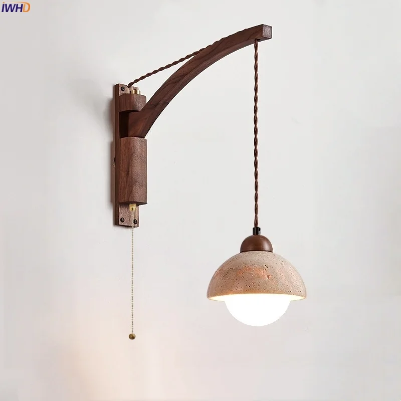 

IWHD Wabi Sabi LED Wall Sconce Bedroom Lamp Yellow Travertine Swing Long Arm Pull Chain Vintage Living Room Lights Wandlampen