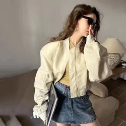 Korean Style Vintage Cropped Bomber Jackets For Women's Streetwear Short Coat Oversize Harajuku Fashion Zipper Aesthetic Outwear