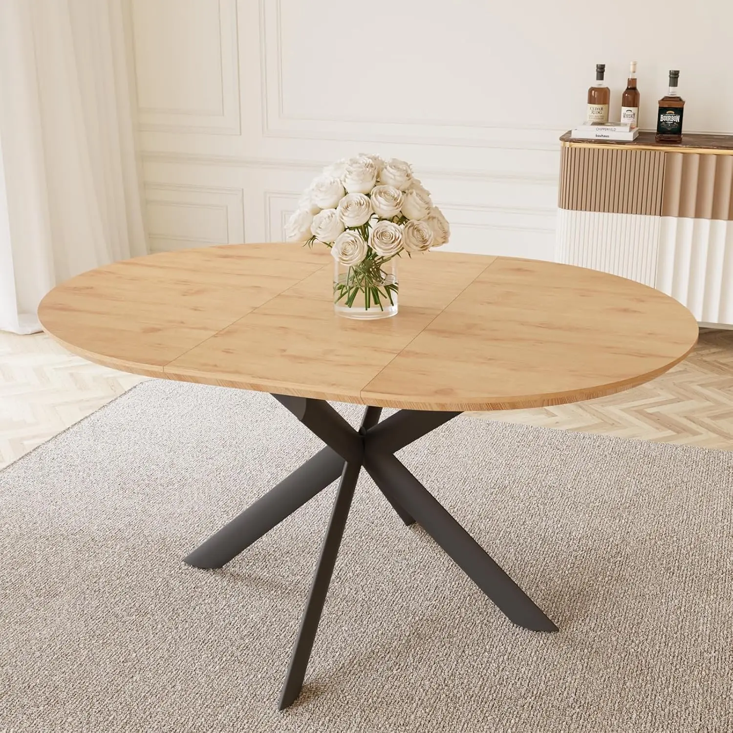 Table à manger ronde extensible en bois, table basse de loisirs en chêne, table ronde mi-moderne, gain de place, 43.2 po-59.1 po