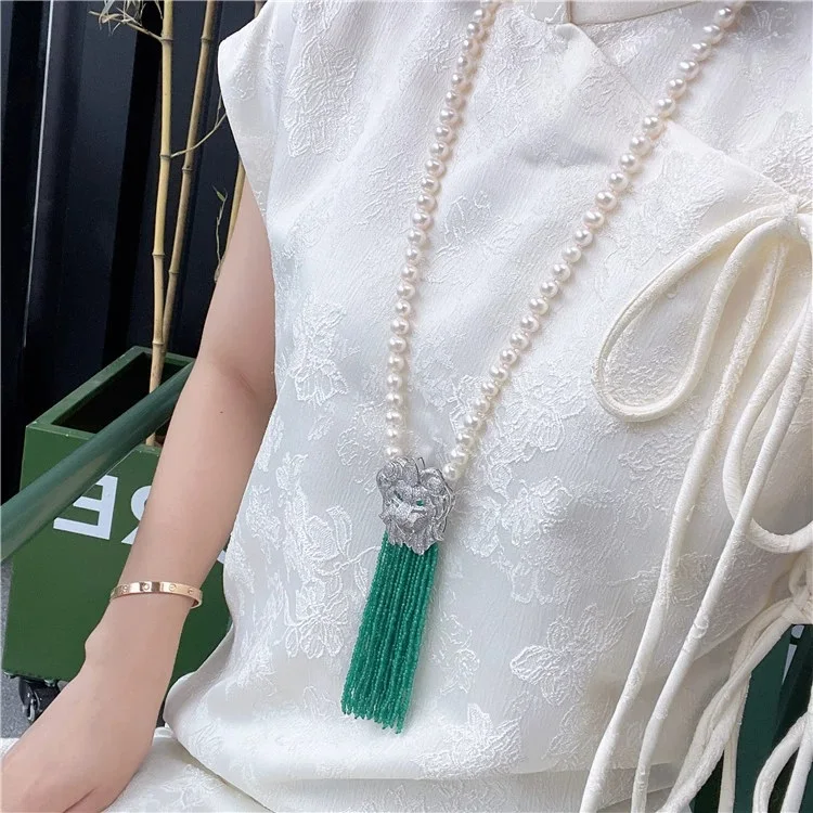 

Natural White Pearl Green Faceted Agate Tassel CZ Pave Pendant Long Necklace Sweater Chain Necklace For Women