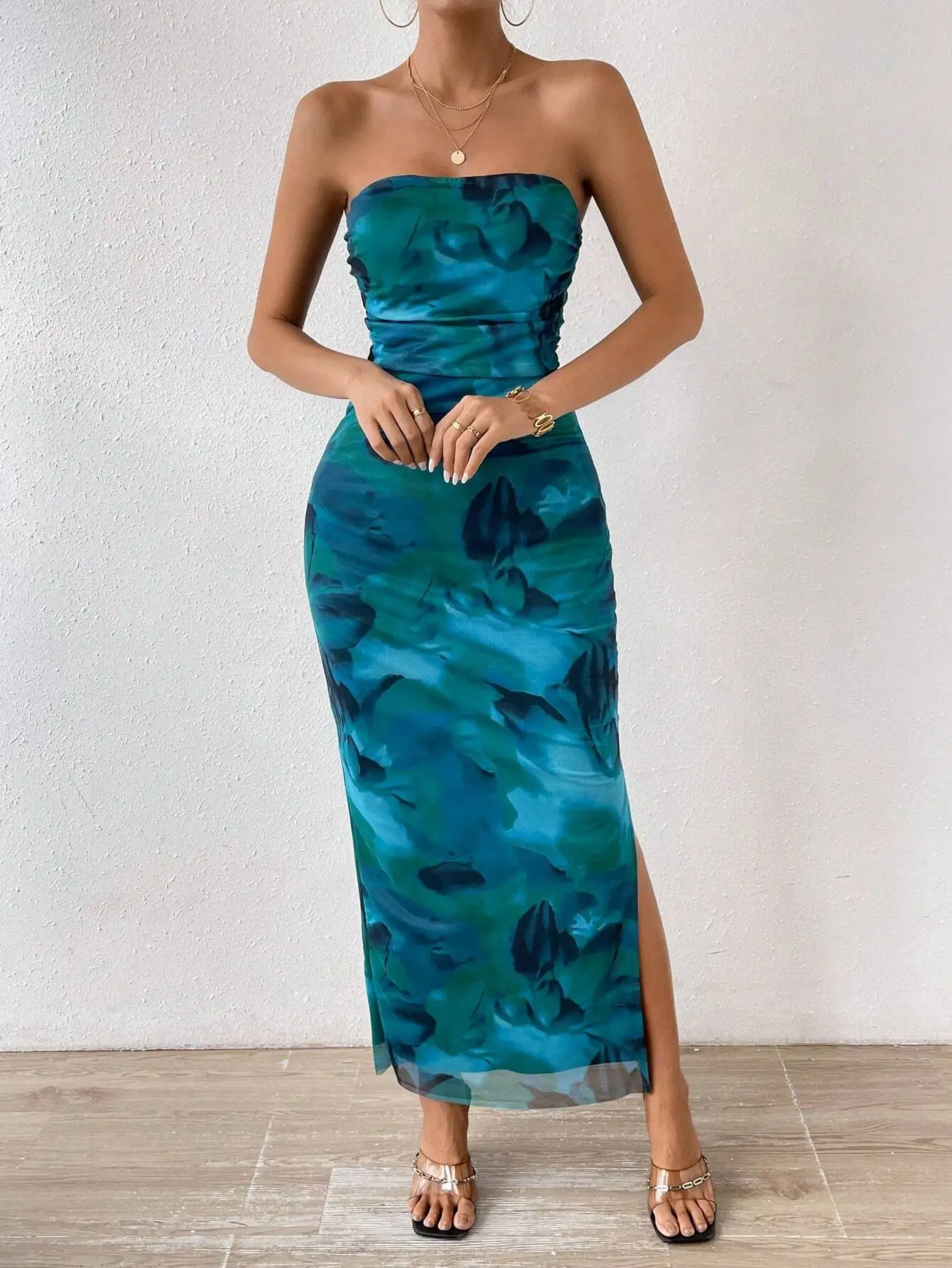 Robe Bandeau plissée et Sexy pour femmes, imprimé floral, coupe cintrée, avec fente latérale, tenue Maxi d'été pour femmes