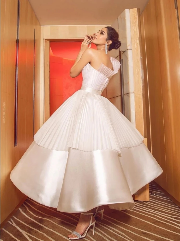 Saudi Arabic Evening Dresses Strapless Pleat Formal Party Dress Tea-Length A-Line Dubai Women Prom Gowns فساتين للحفلات الراقصة