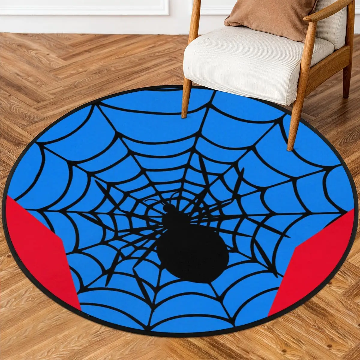 Tapis rond Spider Web Superhero bleu avec accents rouges pour la décoration de la chambre de garçon