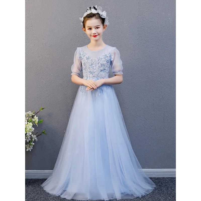 Children's Guzheng Performance Costume for Girls, Blue Long Festival Performance Dress, Chinese Style Little Host Dress, Princes