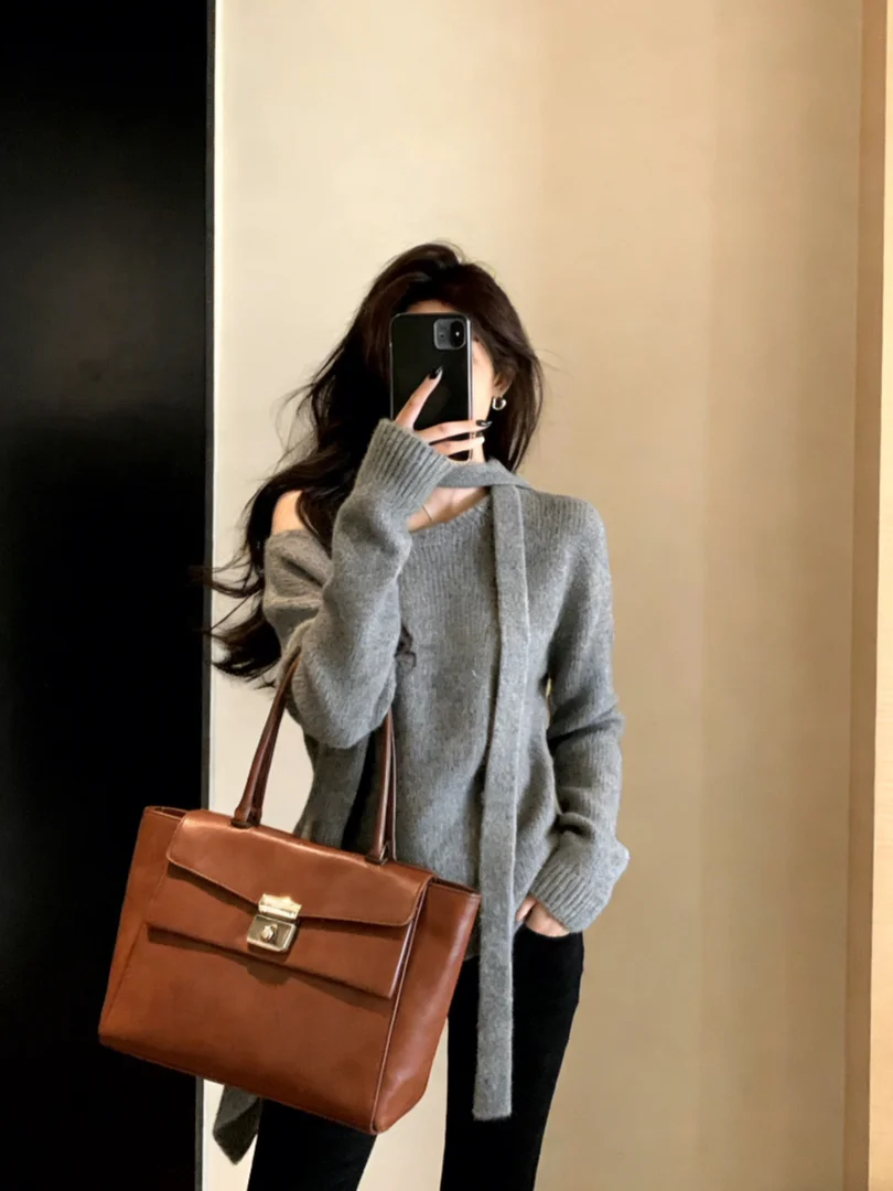 

Unique ey Knitted Sweater ort Sle Inner Wear Korean Trend Spring Collection Casual Loose Fit Women's Faion Top