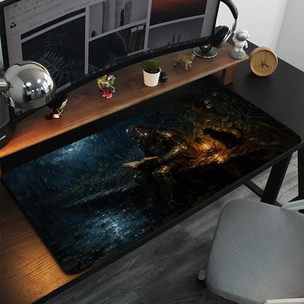 Vintage Dark Knight Mouse Pad Medieval Warrior Reading Book Black Cat Rainy Forest Large Desk Mat Art Keyboard Pad for Gaming