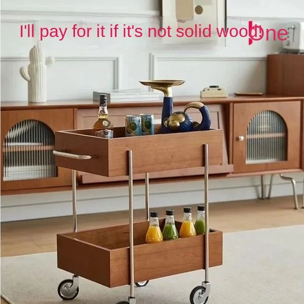 Solid wood cart, living room, sofa storage cabinet, household multi-layer snacks, bedside shelves, movable medieval edge