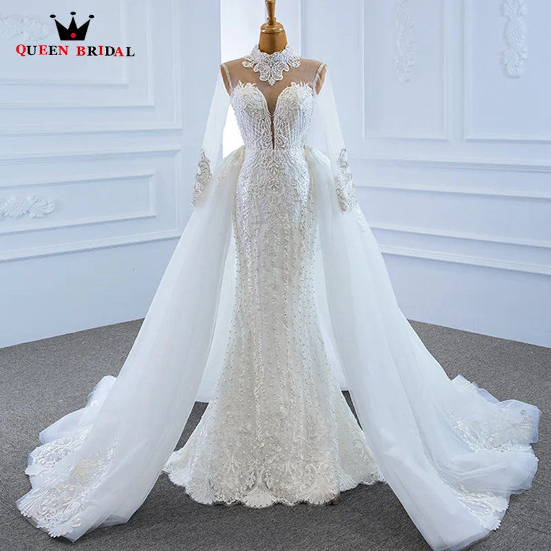 

Exquisite Mermaid Wedding Dresses luxury Pearls Appliques Lace Up Bridal Gown V-neck Long Sleeves Bride dress Custom Made XX11