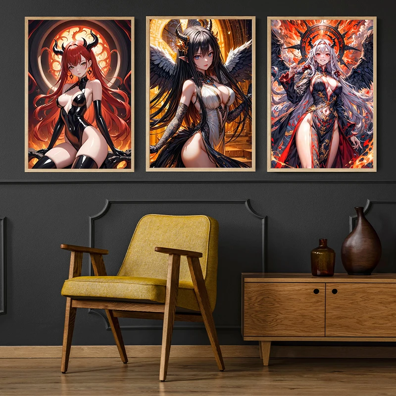 Interesting Sexy Female Cartoon Anime Girl Angel Demon Abstract Poster Canvas Paintings Wall Art Pictures Home Decor Frameless