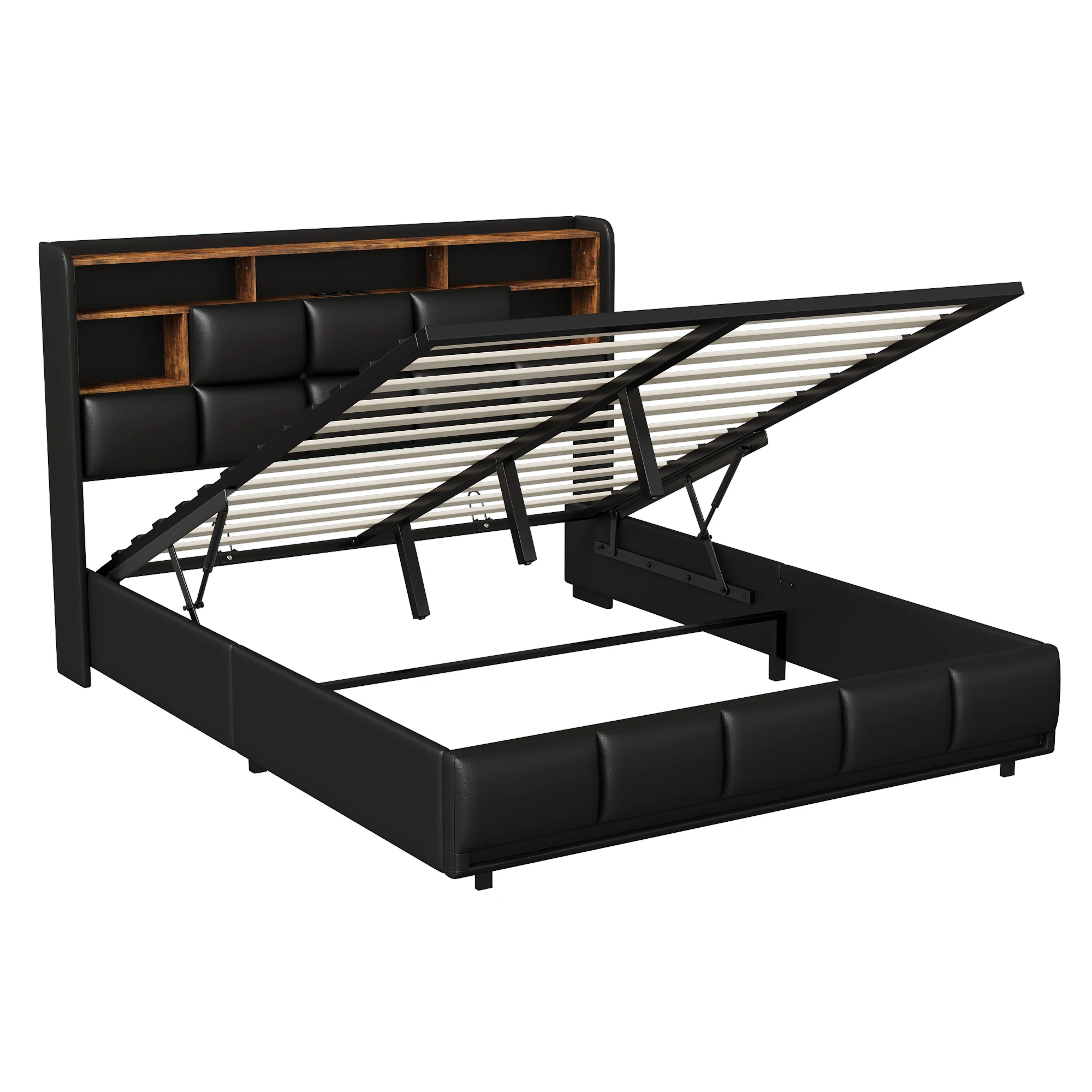 Fangange Tweepersoonsbed 140x190cm met LED-verlichting, hydraulisch opbergbed 140/160x200cm, hoofdbord met Type-C oplaadmogelijkheid - afbeelding 2