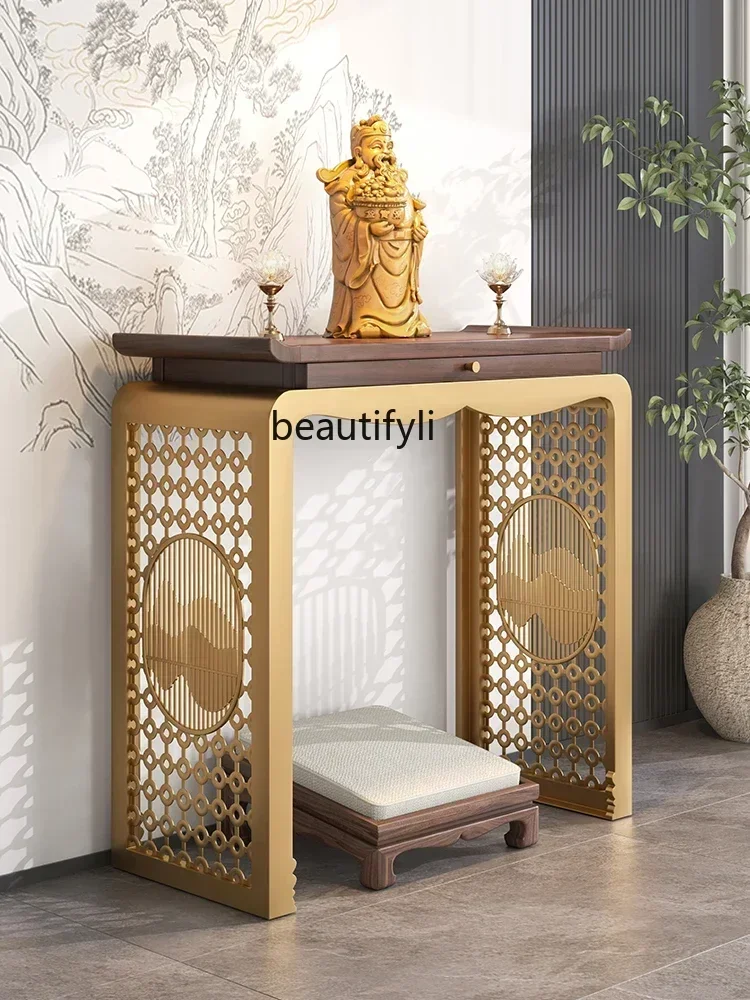 North America Black Walnut Solid Wood Altar Stainless Steel Offering Home Console Tables New Chinese Buddha Table - Detail 1