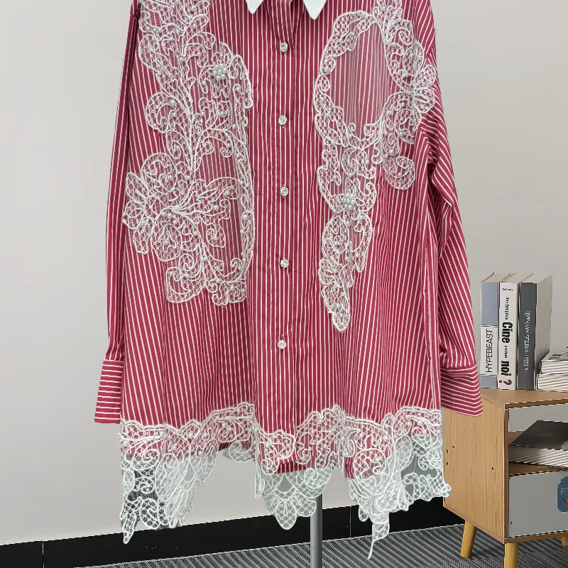 

French Style Heavy Lace Crochet Hollow Shirt Top With Turn-Down Collar, Single-Breasted Long Sleeve Striped Blouse