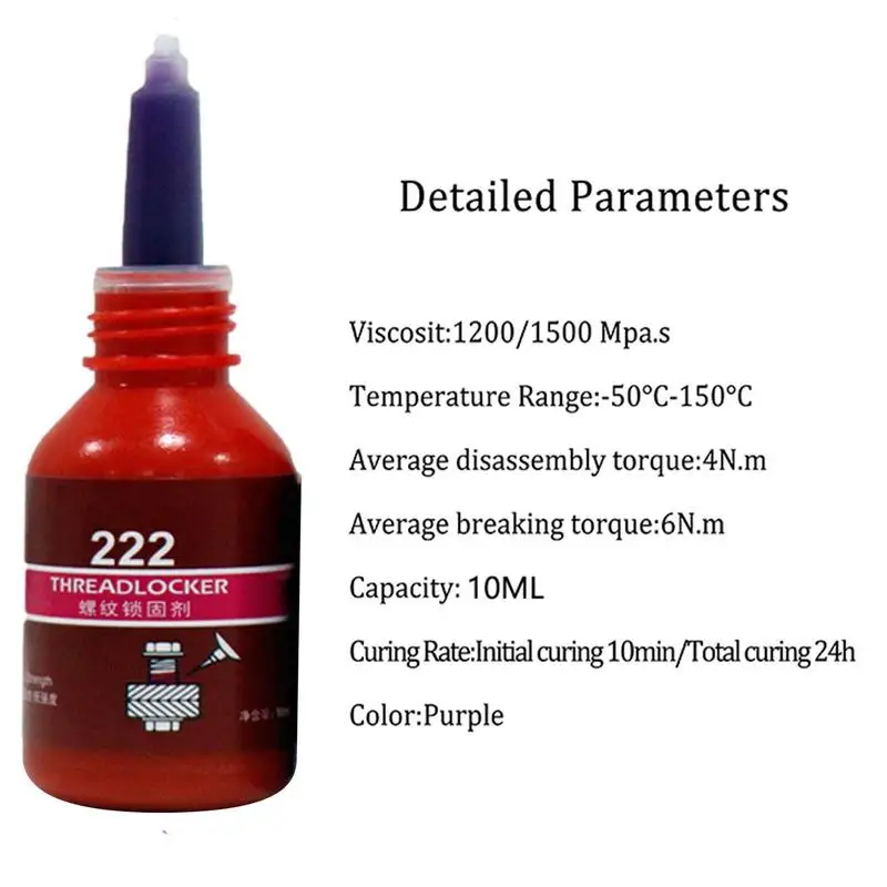 Threadlocker Purple 222 High Strength Oil Tolerant Threadlocker 10 ML Screw Glue Anaerobic Adhesive Sealing Leakproof