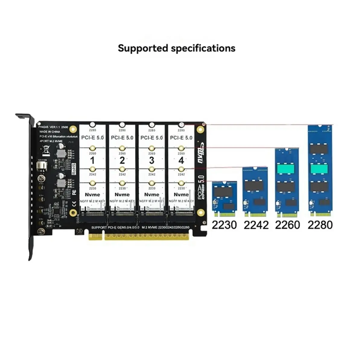 PCI-E 5.0 X16 to M.2 NVME SSD Expansion Card 4 Port M.2 NVME SSD to PCIE X16 Adapter Card Support 2230/2242/2260/2280