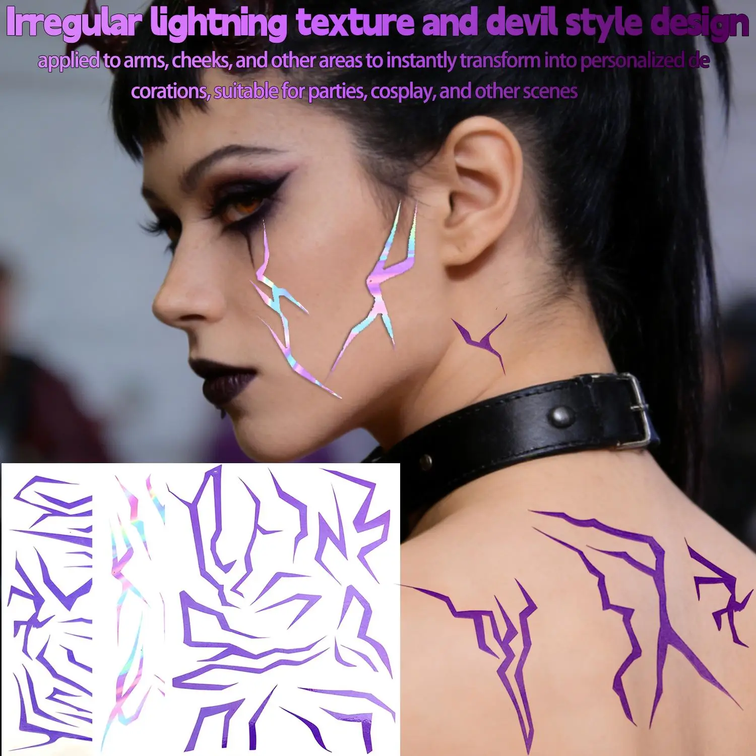 

Cosplay Role Tattoos Sticker 4PCS/set Purple Lightning Bold Makeup Tattoo Decals Waterproof Demon Face Temporary Tattoos Sticker