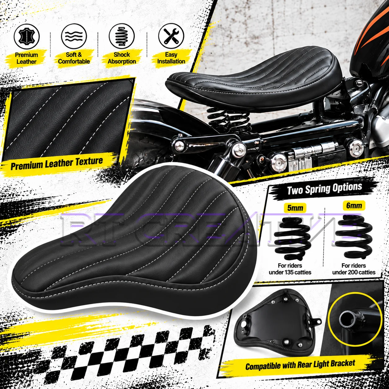 Motorcycle Spring Shock Absorbing Bobber Solo Seat With Extended Passenger Cushion Fit BENDA Chinchilla300 BD300 Cruiser