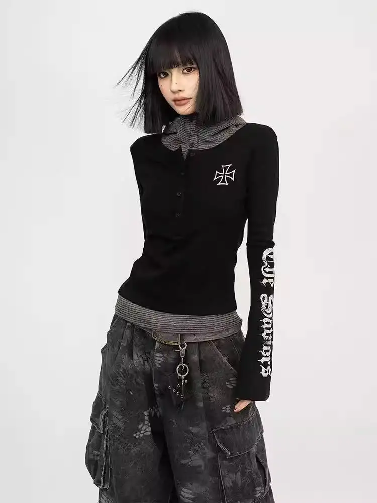 

Women's Sweater 2026 Spring New Top Retro Sexy Fake Two Piece Long Sleeve T Shirt Loose Casual Hooded Sweatshirt Top