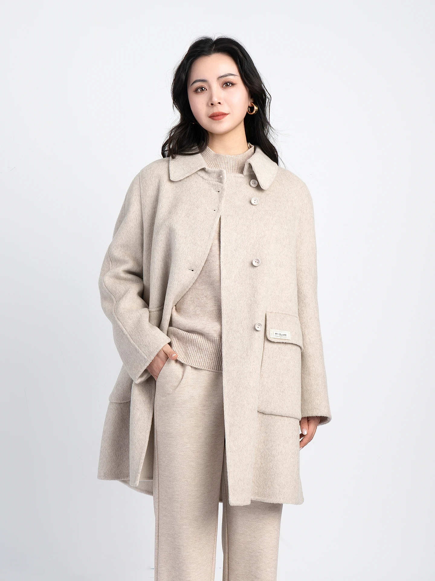 

Ele Pure Woolen Women's Coat Simple Sle Small Collar Medium-Length Loose Fit Sli Winter Outerwear for Young Ladies