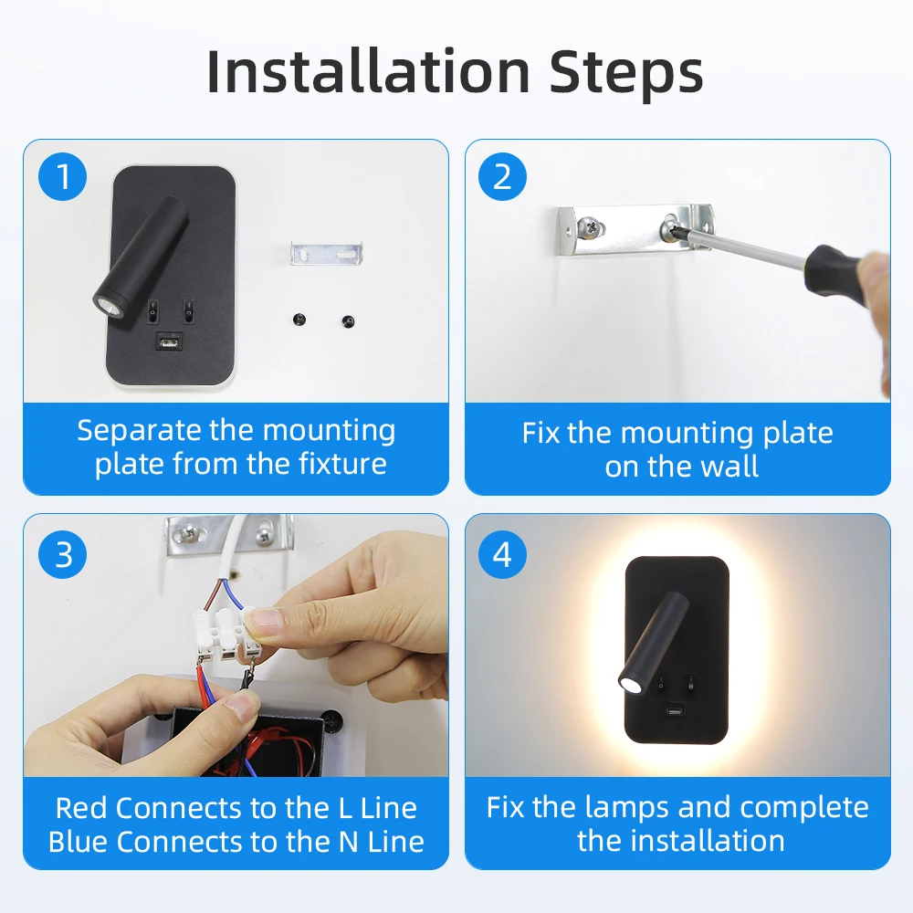 مصباح حائط للقراءة مع مصباح جداري بجانب السرير قابل للدوران USB 13 وات، مفتاح مزدوج، أضواء LED لغرفة النوم #6