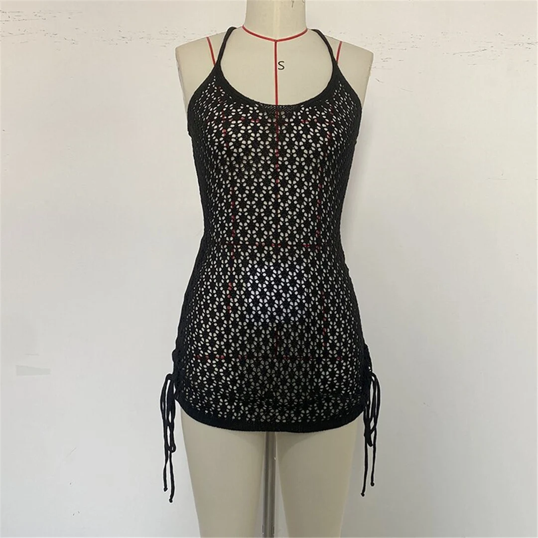 Ausgehöhltes, mit Häkelstrick verziertes Minikleid mit Kreuzrücken, Strandkleid, Strandmode, Strandbekleidung, Strandüberwurf, Damen V6470 – Detail 21