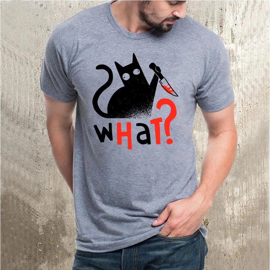 Novelty Murder Cat Bloody Knife What? T Shirt Men Funny Humor Black Cats T-Shirt Boys Fashion Casual Tee Shirt Summer Clothing