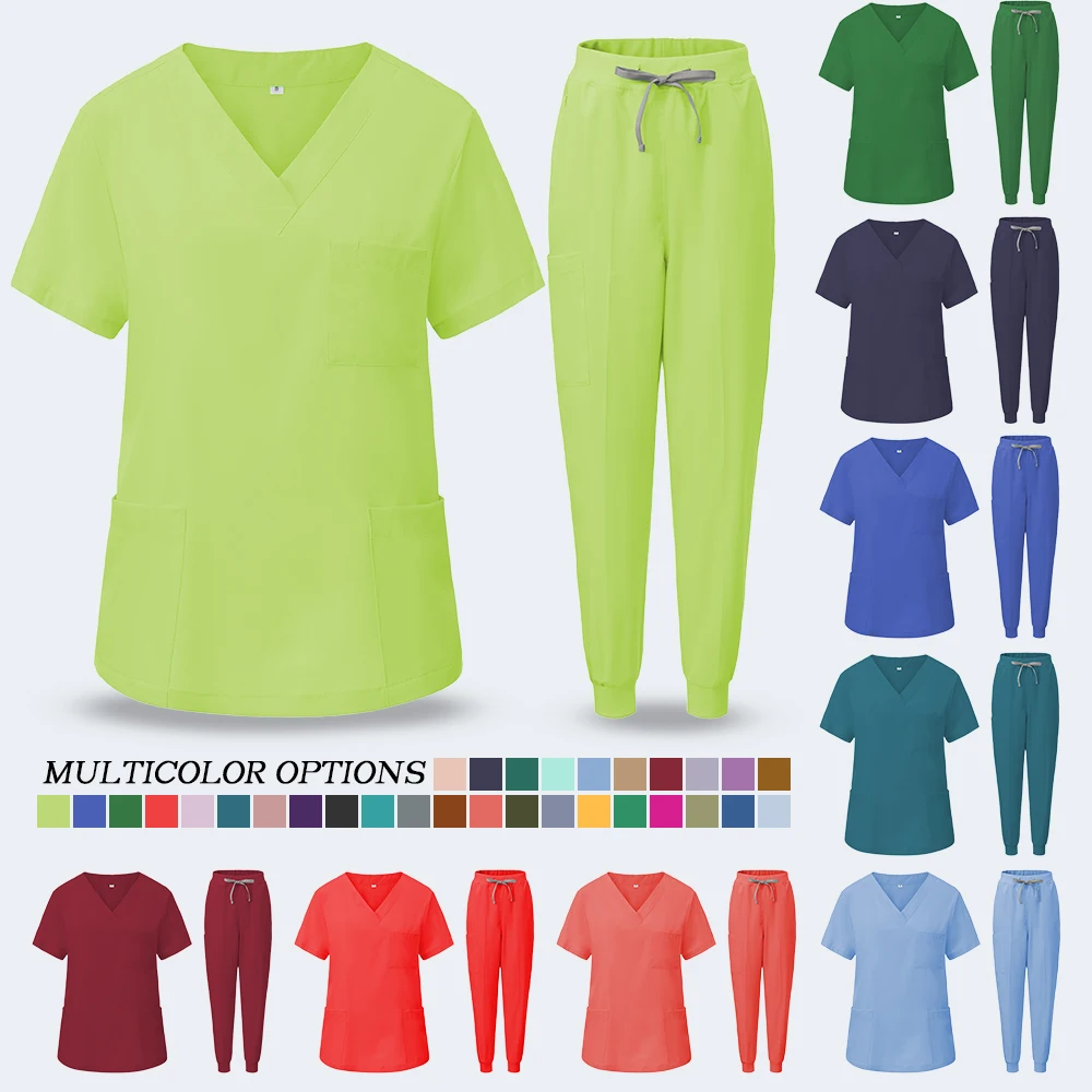 

Pet Clinic Nurse Overalls STRENTCH Medical Scrub Set Women's Dental Clinic Uniform V-Neck Solid Top & Drawstring Pant S2104