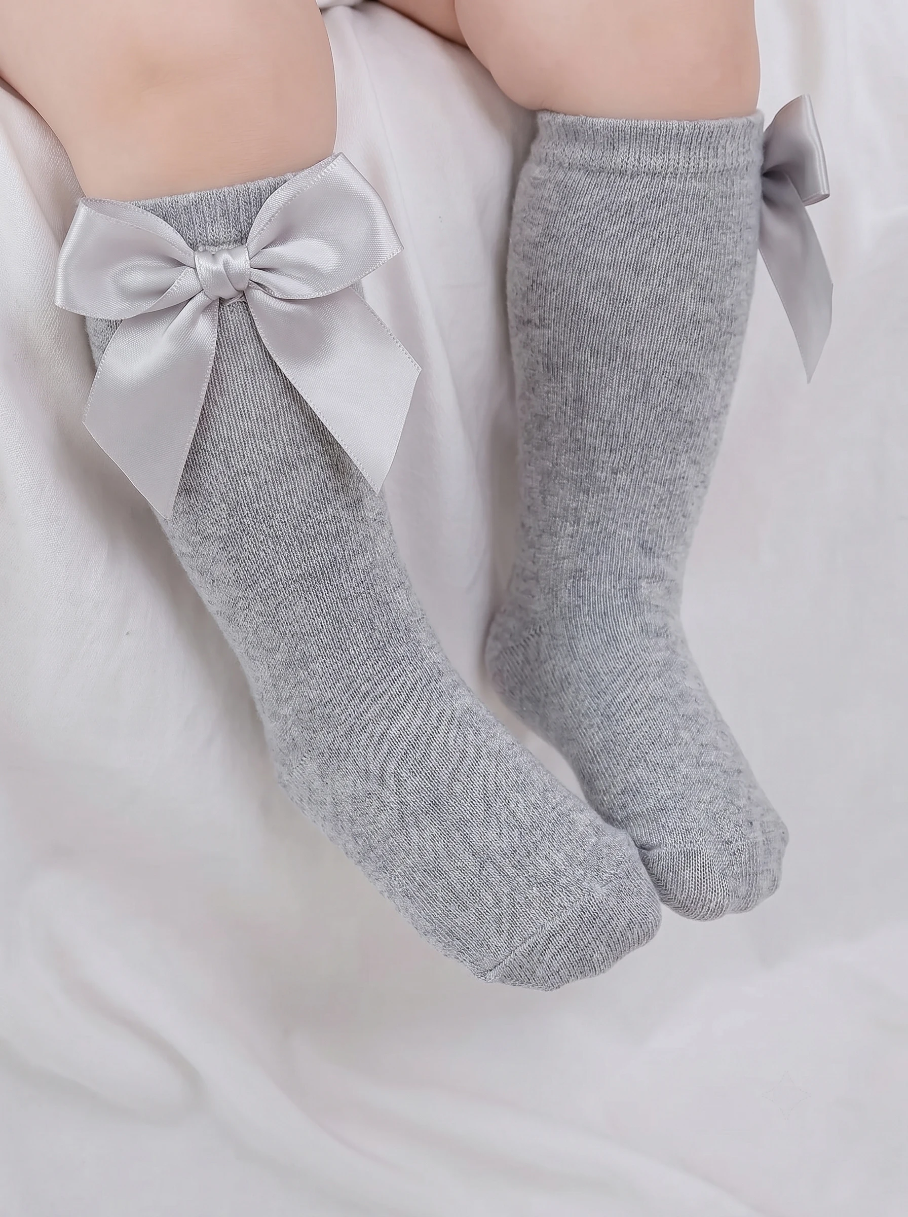 All Season Girls Bow Decor Knee High Socks, Vertical Rib Elastic Toddler Kids Long Stockings with Big Satin Bow