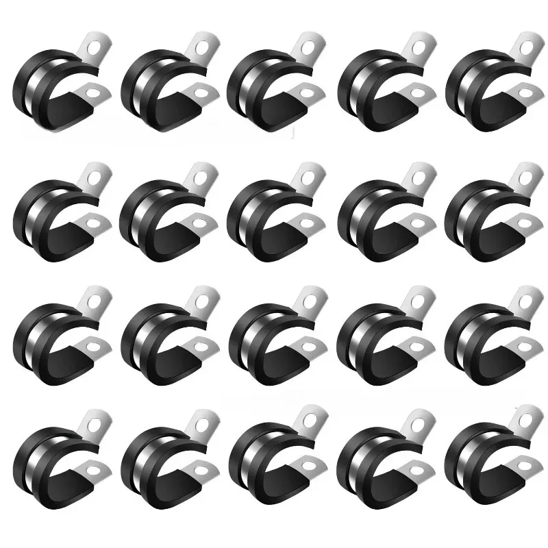10pcs Cable Clamps 304 Stainless Steel Clamps Rubber Cushion Cushioned Insulated Wire Line Tube Pipe Fixed Bracket Metal Clip