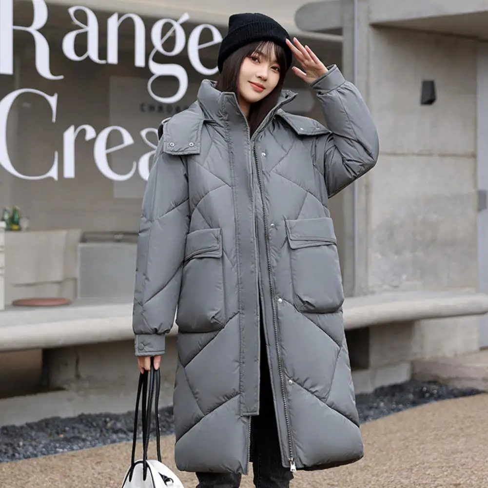 Inverno feminino longo parka casaco engrossado acolchoado manga longa com capuz bolsos grandes comprimento médio solto casaco