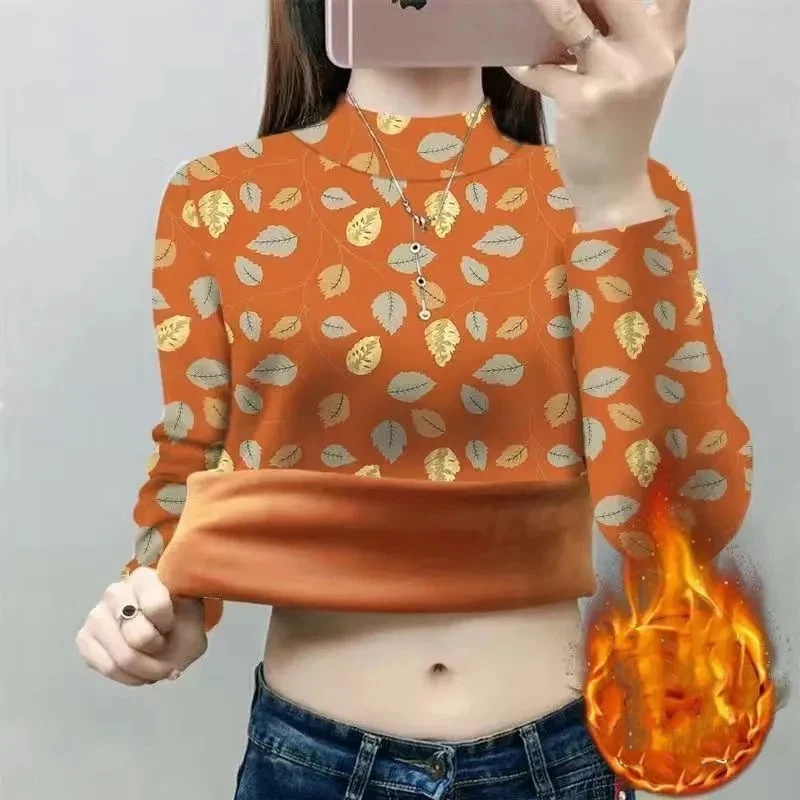 تي شيرت نسائي للخريف والشتاء برقبة عالية مطبوع كاجوال بقصة ضيقة وأكمام طويلة مع نمط أوراق الشجر #2