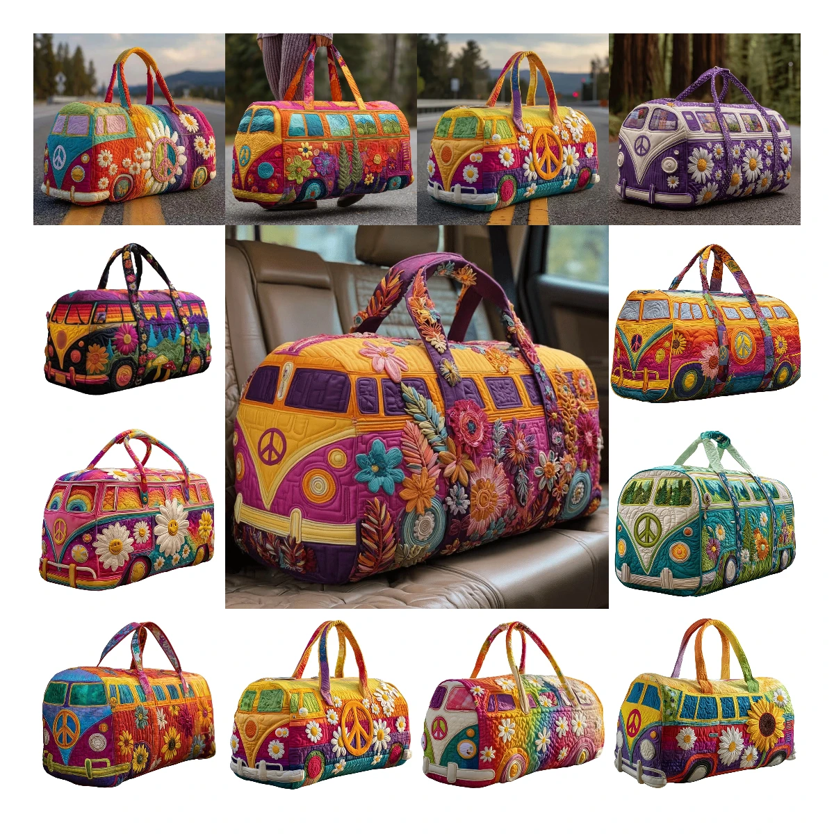 

Men's Outdoor Quilted Duffle Bag Floral Peace Bus Print Travel Tote Handbag Women Casual Weekender Bag
