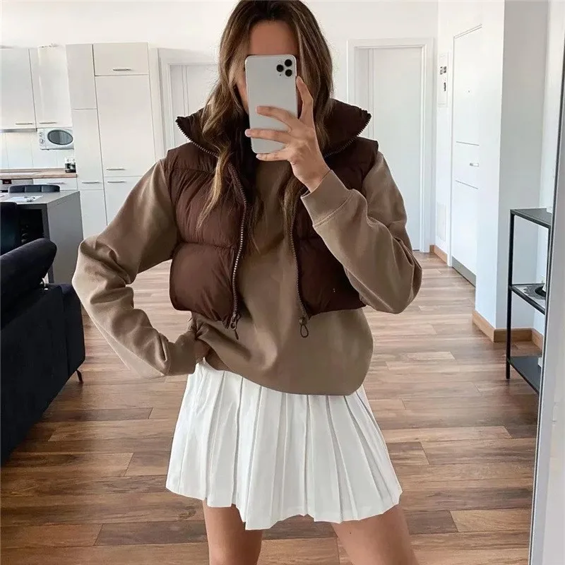 Fashion Autumn New 2024 Stand Collar Elegant Down Cotton Coats Warm Outerwear Casual Belt Sleeveless Winter Women Vests Jackets