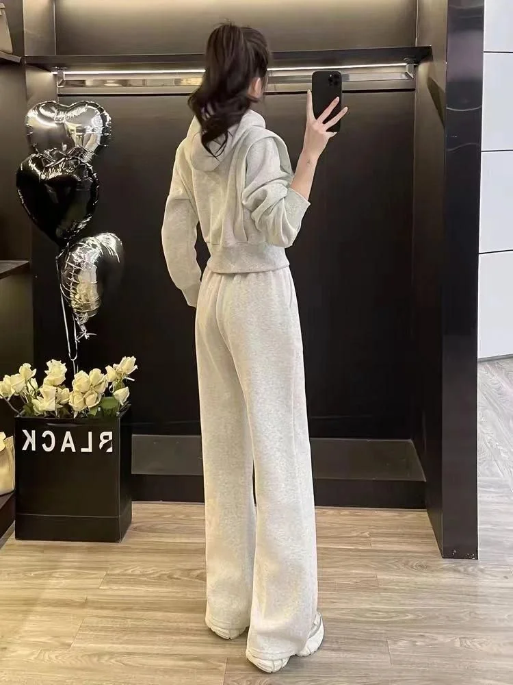 Salt Series Women's Casual Sportswear Set Short Hoodie Sweatshirt Wide Leg Pants Two Piece Suite Slimming Anti-Aging Autumn N...