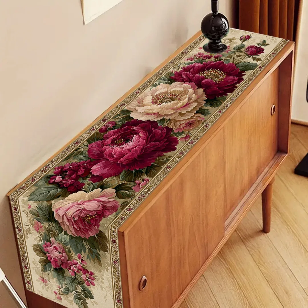 1 Stück Vintage-Tischläufer mit Pfingstrosen-Blumendruck, ideal für Esstisch, Sideboard, Schrank und Wohnzimmer-Dekoration