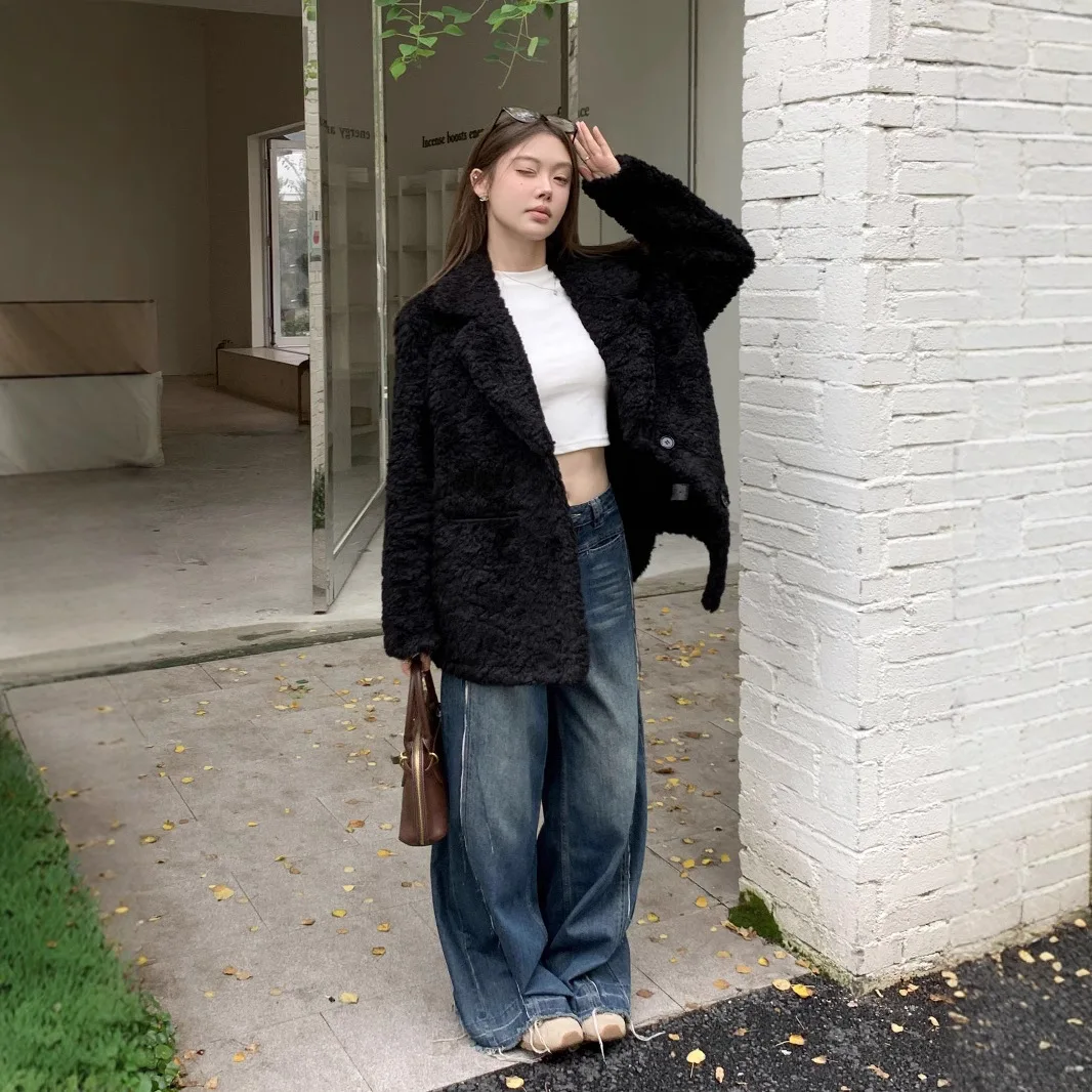 معاطف نسائية من فرو الصوف الصناعي معطف متين وطية صدر السترة وأكمام طويلة وزر واحد مستقيم أنيق غير رسمي لخريف وشتاء 2025