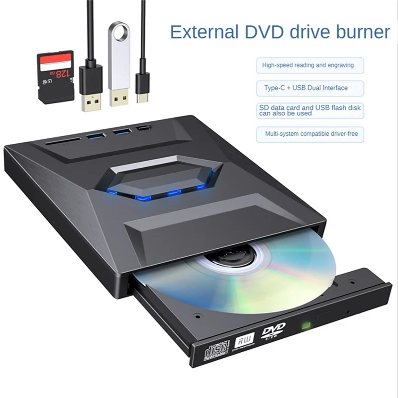 USB3.0+Type-C DVD Burner DVD RW CD Writer External Optical Drive CD/DVD Player TF/SD Card Reader for