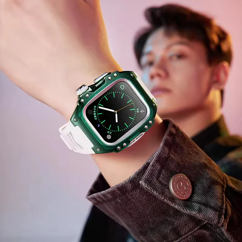 Best Selling Transparent Case Strap For Apple Watch Band 45mm 44mm 9 8 7 6 5 Glacier Case Rubber Band for Iwatch Luxury Set