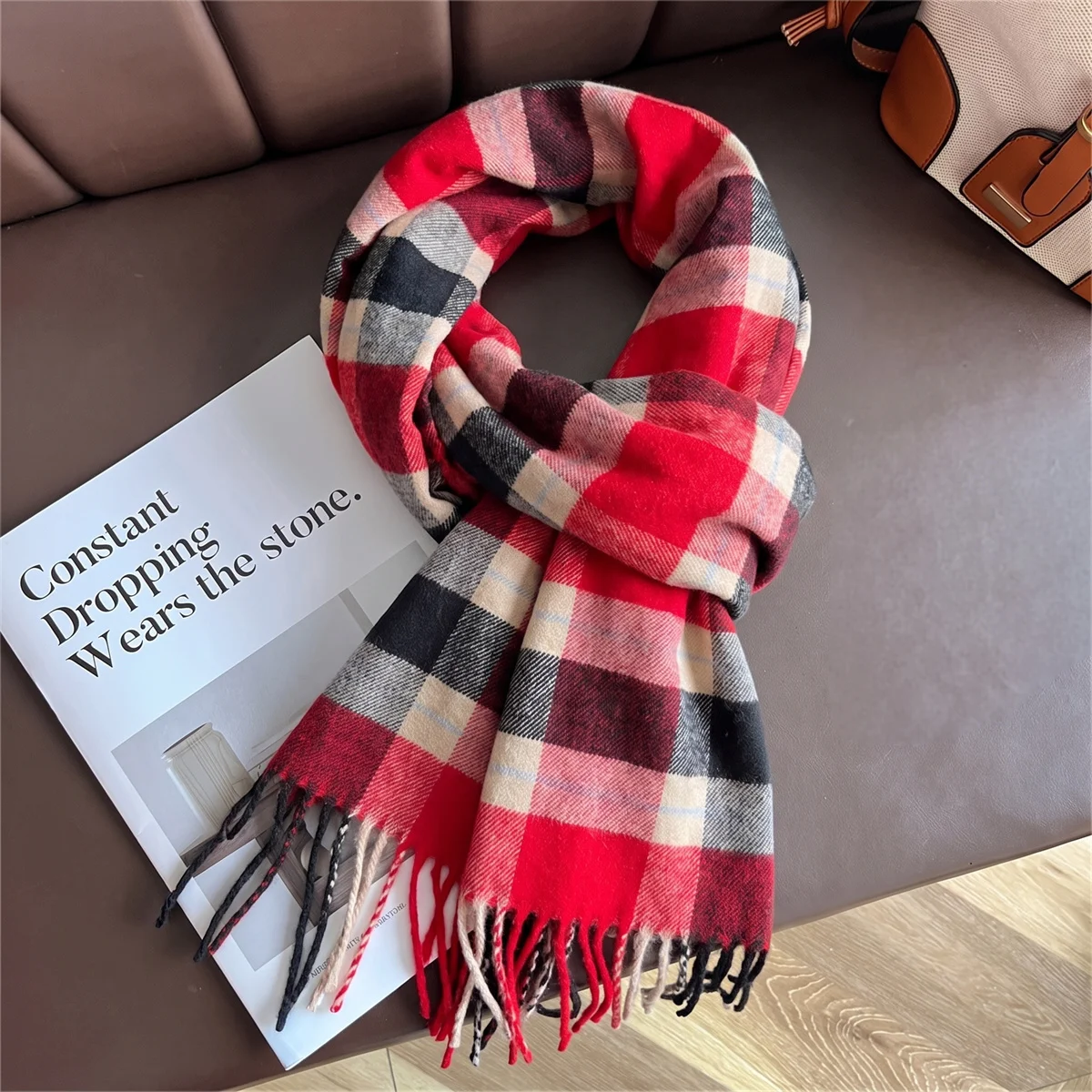 Plaid Checkered Tassel Scarf For Women Classic Grid Pattern Soft Thick Neck Wrap Long Fringe End Casual Daily Neck Scarves