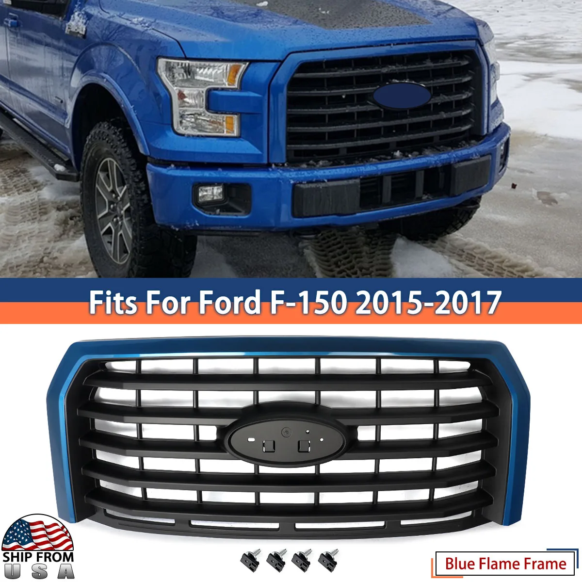 

Modified Grill For Ford F150 2015 2016 2017 Front Bumper Grille For F-150 Grille Assembly Anti-insect Net Blue Flame Metallic SZ